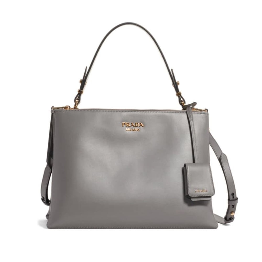 New Authentic Prada  Calfskin Leather Satchel Medium Gray Gold